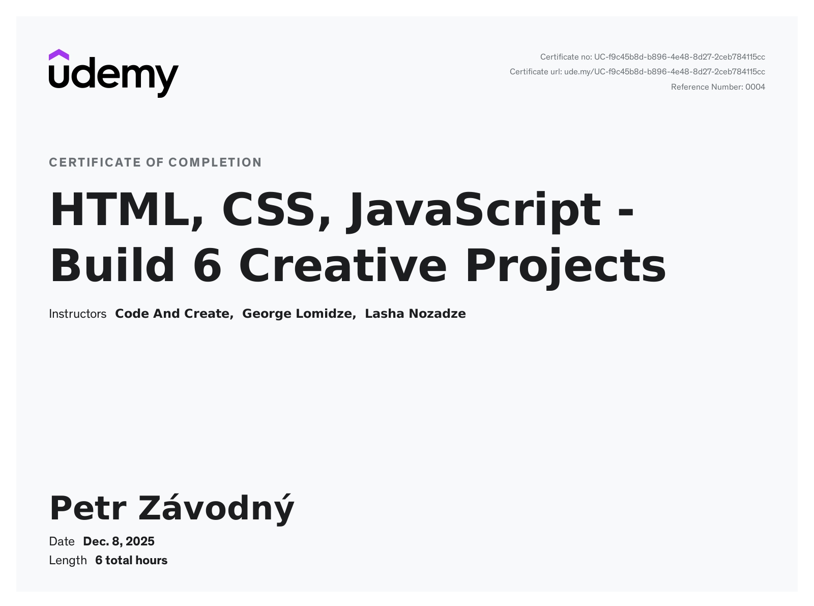 certificate HTML, CSS, JavaScript - Build 6 Creative Projects