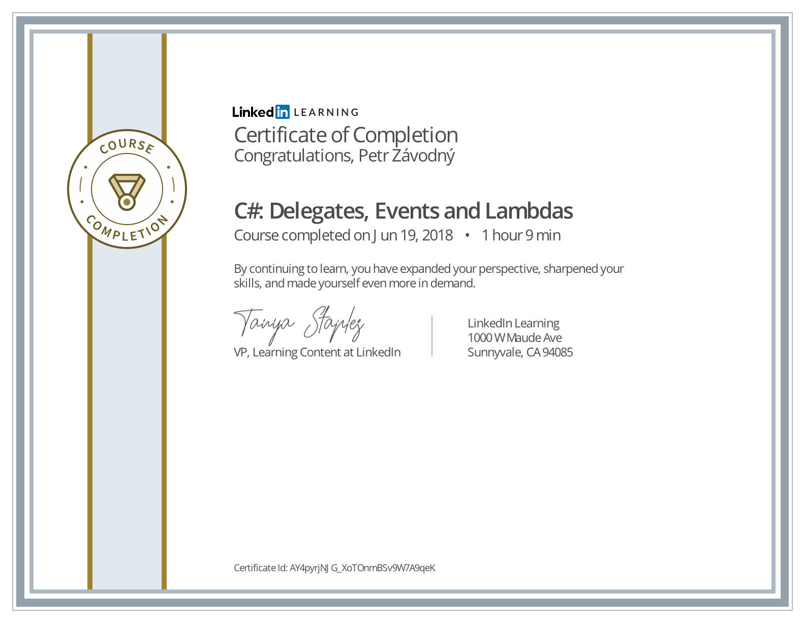 certificate C# Delegates, Events and Lambdas