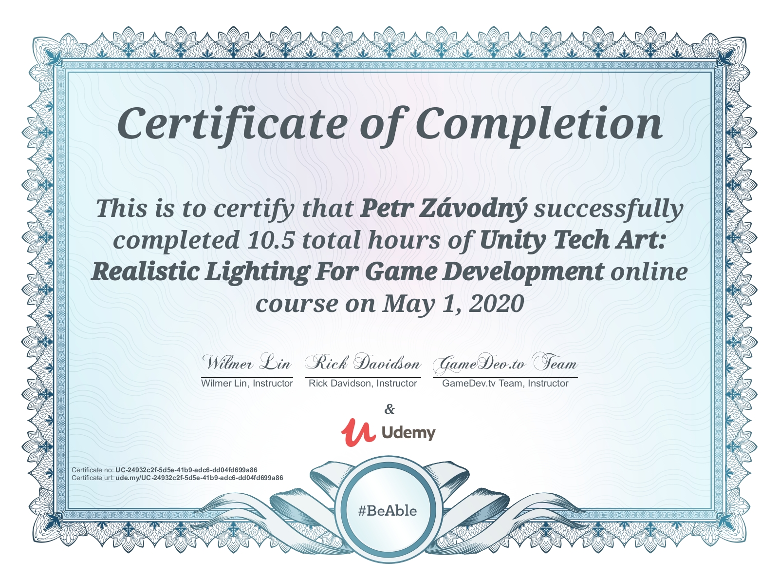Lightning in Unity Course Certificate