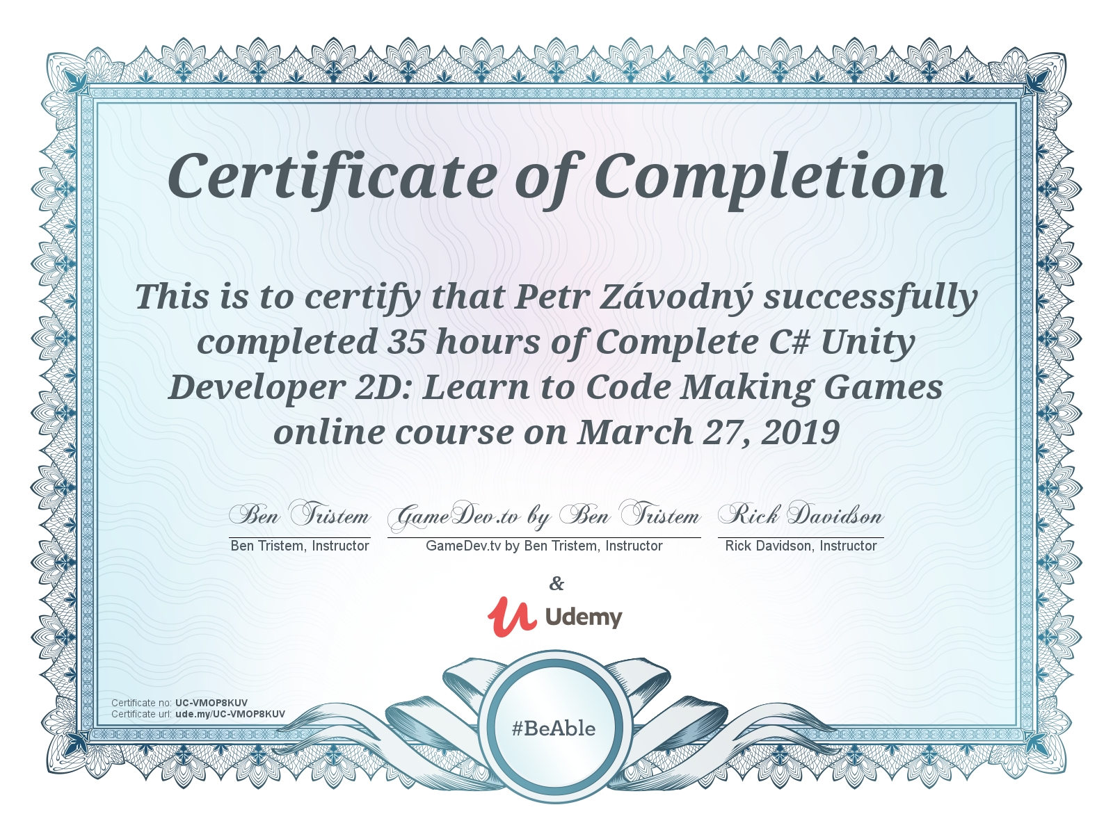 certificate Complete C# Unity Developer 2D: Learn to Code Making Games