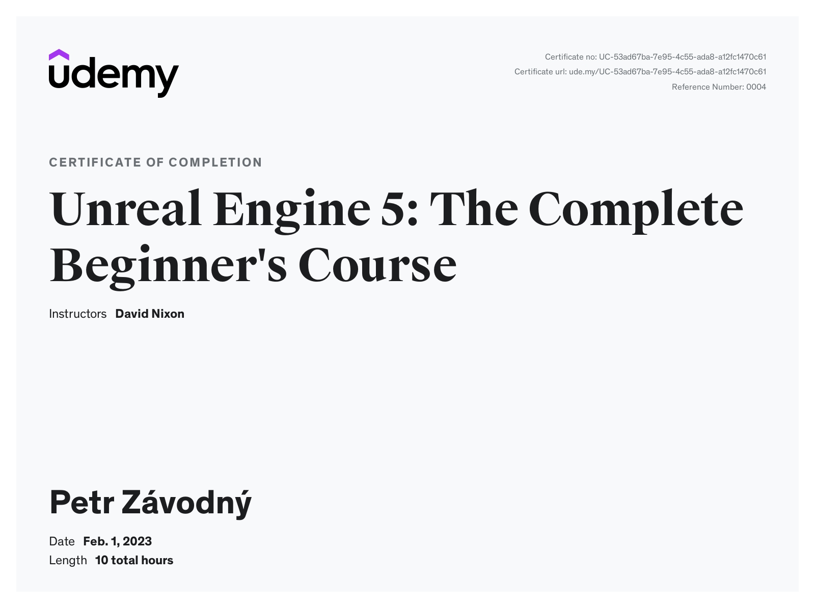 certificate Unreal Engine 5: The Complete Beginner's Course