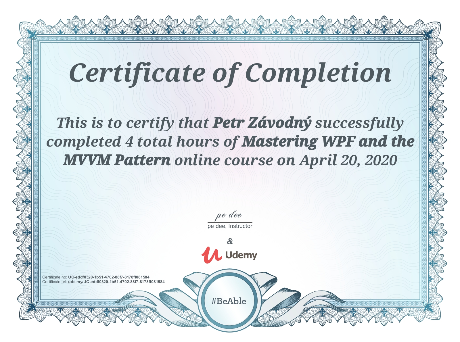 WPF and MVC Mastery Course Certificate