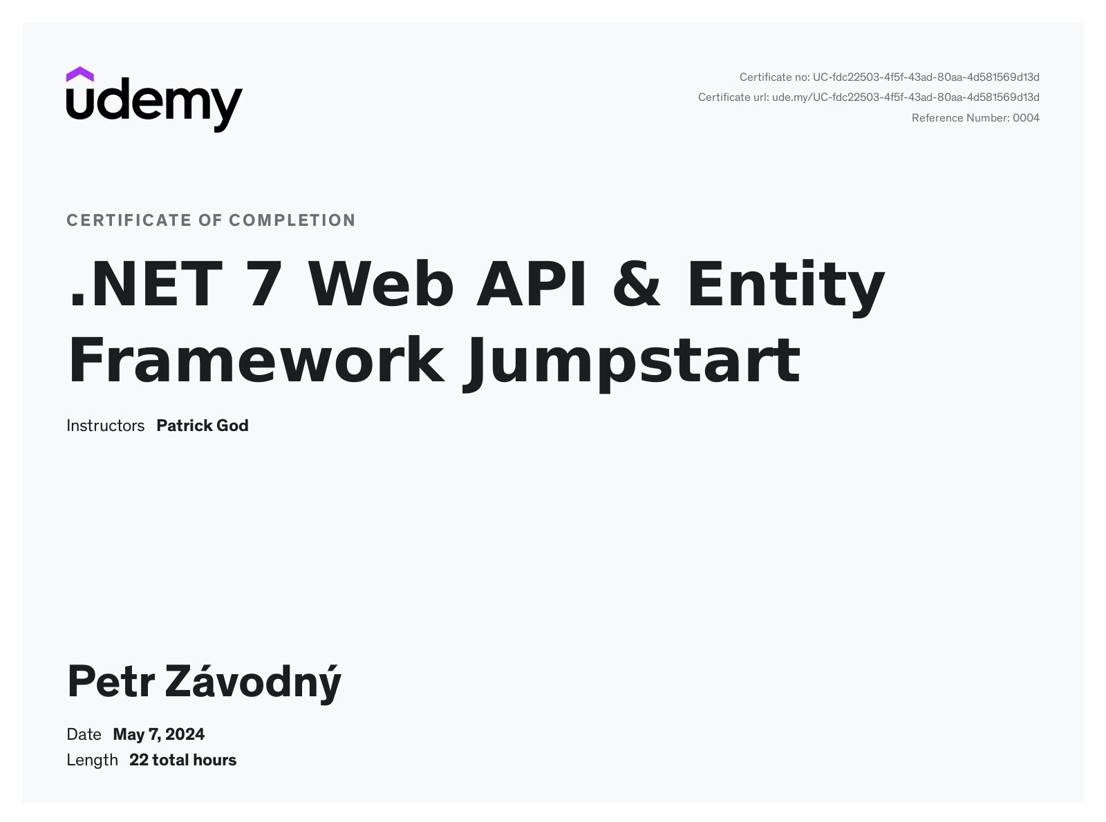 certificate .NET 7 Web API & Entity Framework Jumpstart