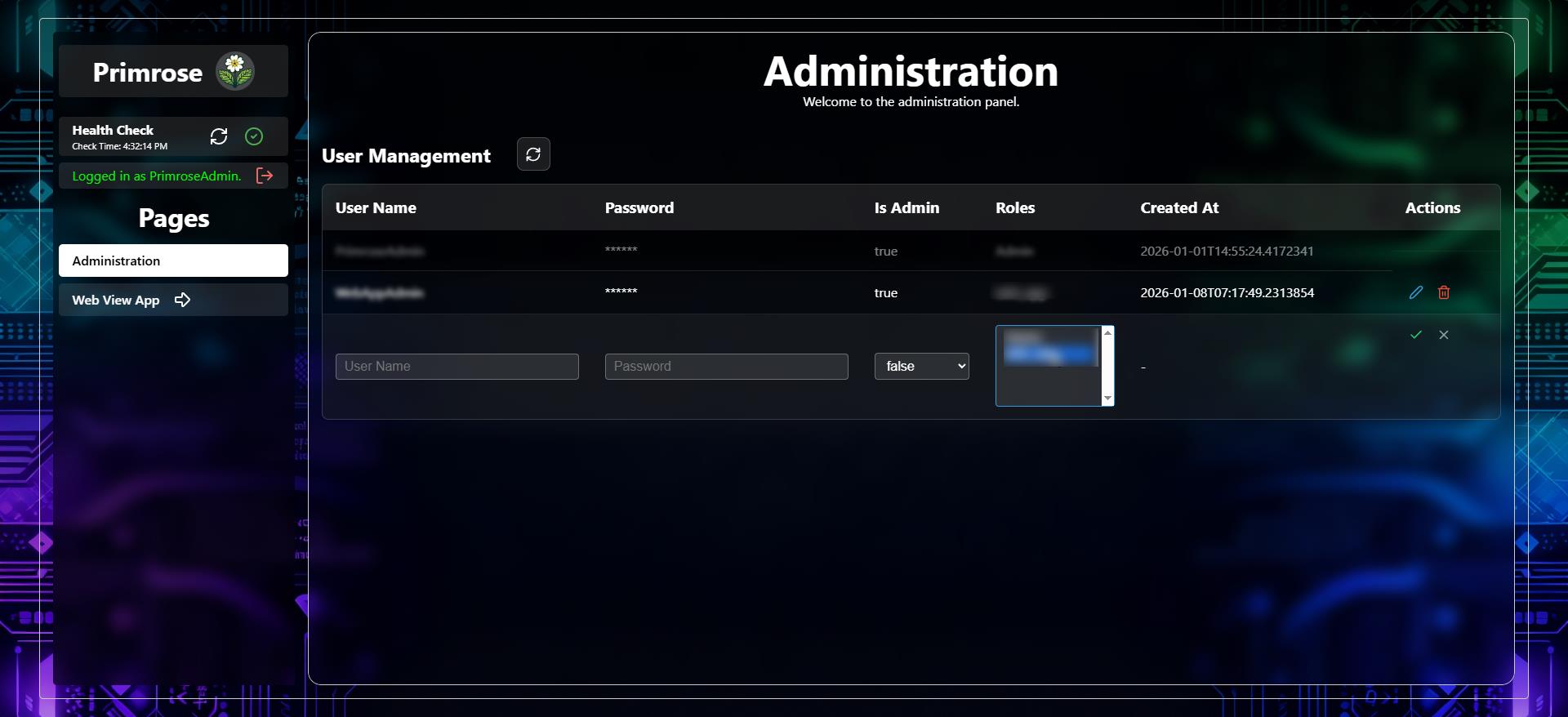 Primrose Backend user Administration